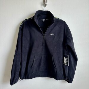 DKNY Sport Pullover Womens Small Black Fleece Half Zip Logo Trim Athletic‎ New